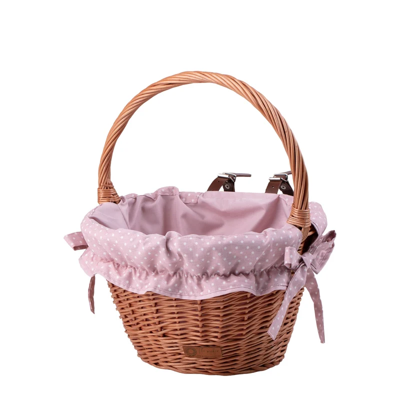 Paulus wicker bike basket with pink trim, leather straps and handle TheWickerStories