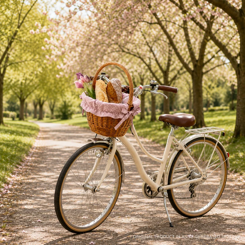 Paulus wicker bike basket with pink trim, leather straps and handle TheWickerStories