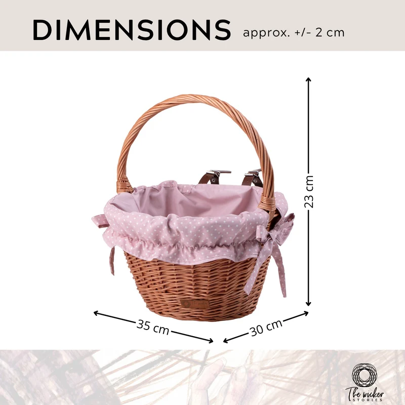 Paulus wicker bike basket with pink trim, leather straps and handle TheWickerStories