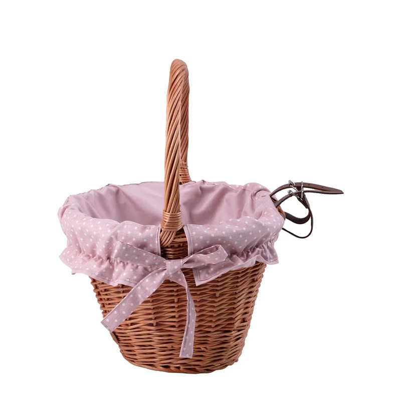 Paulus wicker bike basket with pink trim, leather straps and handle TheWickerStories