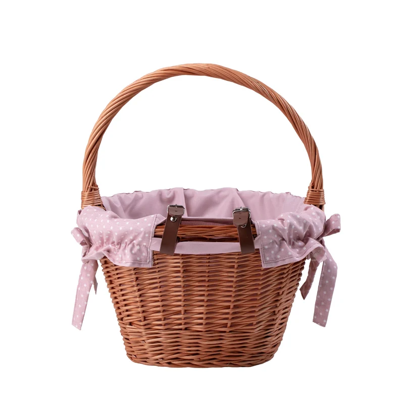 Paulus wicker bike basket with pink trim, leather straps and handle TheWickerStories