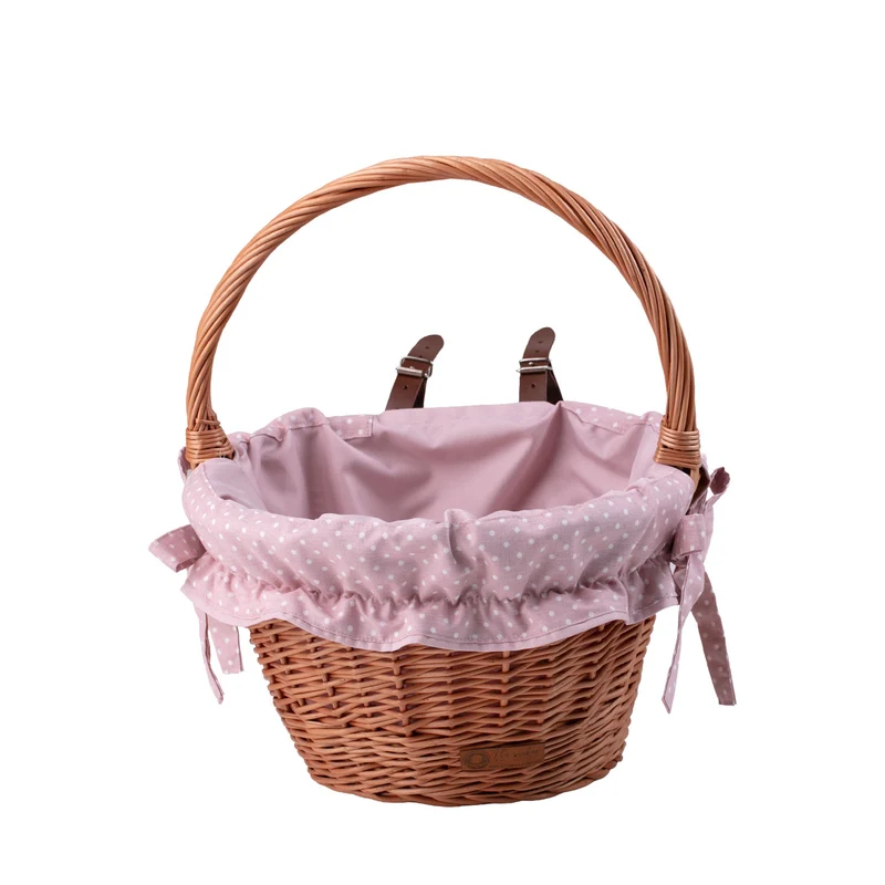 Paulus wicker bike basket with pink trim, leather straps and handle TheWickerStories