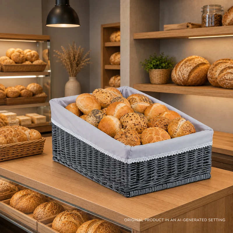Bawiran wicker display basket for bread with gray trim TheWickerStories