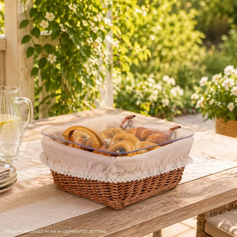 Laro wicker bread basket with beige trim for display TheWickerStories
