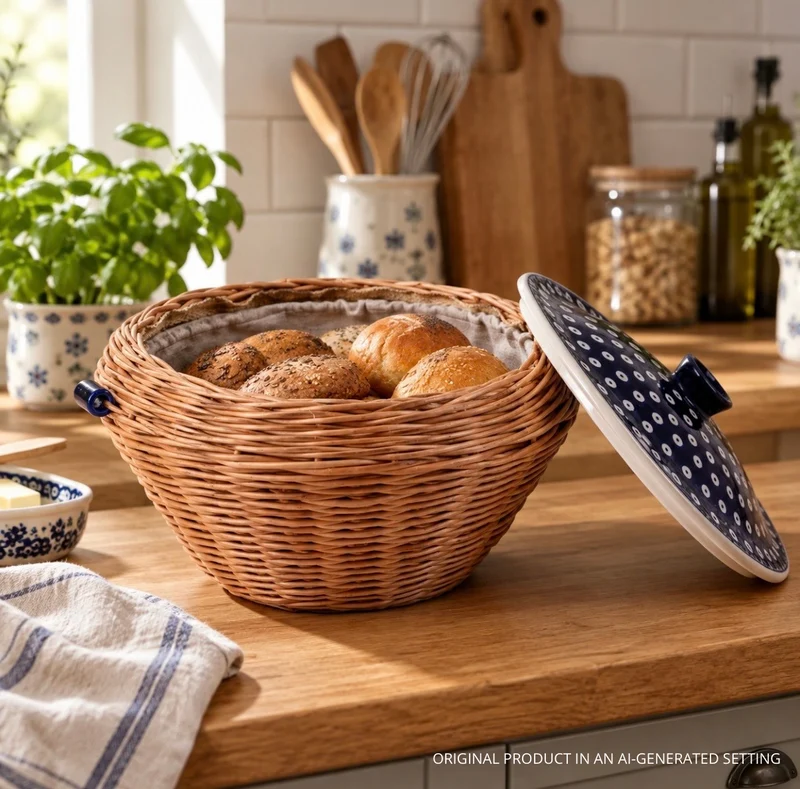 Manufaktura w Bolesławcu round wicker bowl, fruit basket and bakery/bread basket with ceramic lid and trim TheWickerStories