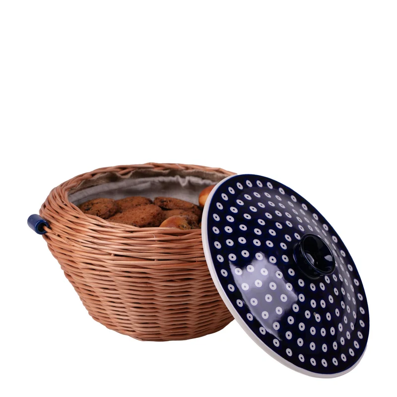 Manufaktura w Bolesławcu round wicker bowl, fruit basket and bakery/bread basket with ceramic lid and trim TheWickerStories