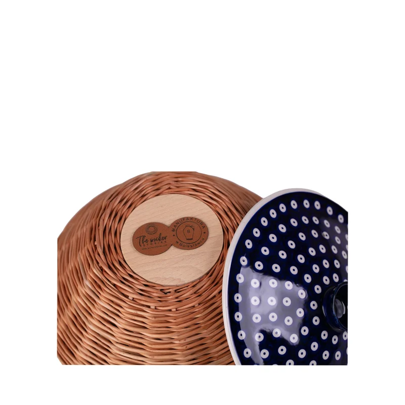 Manufaktura w Bolesławcu round wicker bowl, fruit basket and bakery/bread basket with ceramic lid and trim TheWickerStories