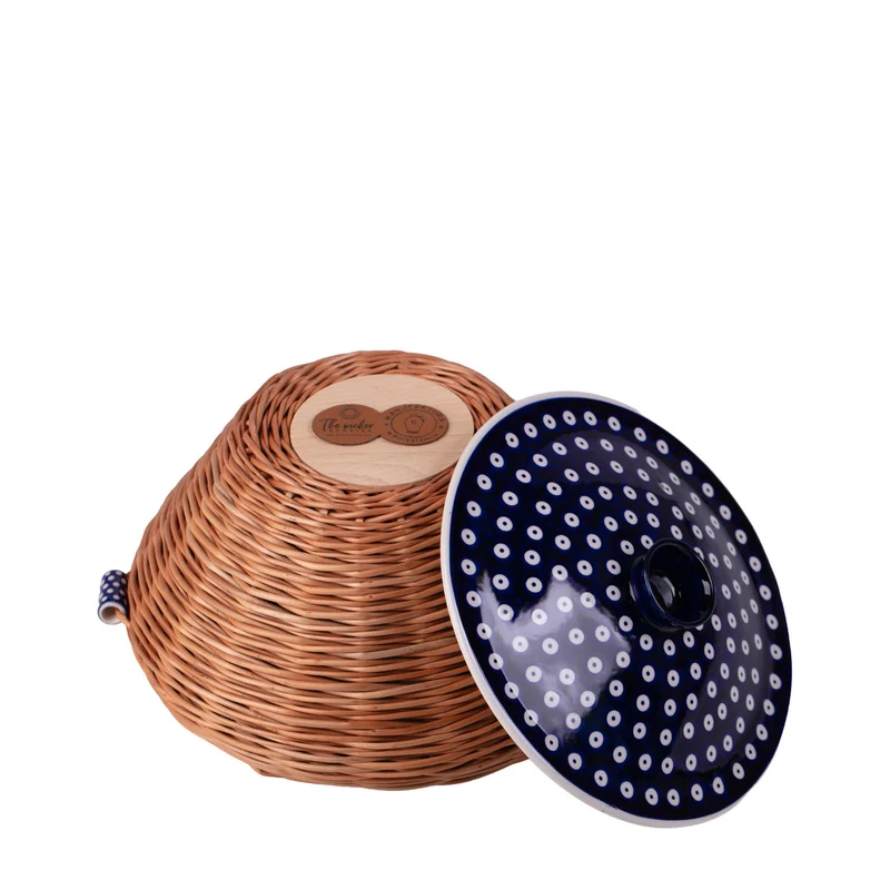 Manufaktura w Bolesławcu round wicker bowl, fruit basket and bakery/bread basket with ceramic lid and trim TheWickerStories