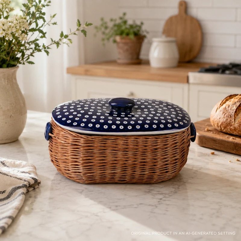 Manufaktura w Bolesławcu wicker bread bin, bread basket, pastry basket with ceramic lid and trim TheWickerStories