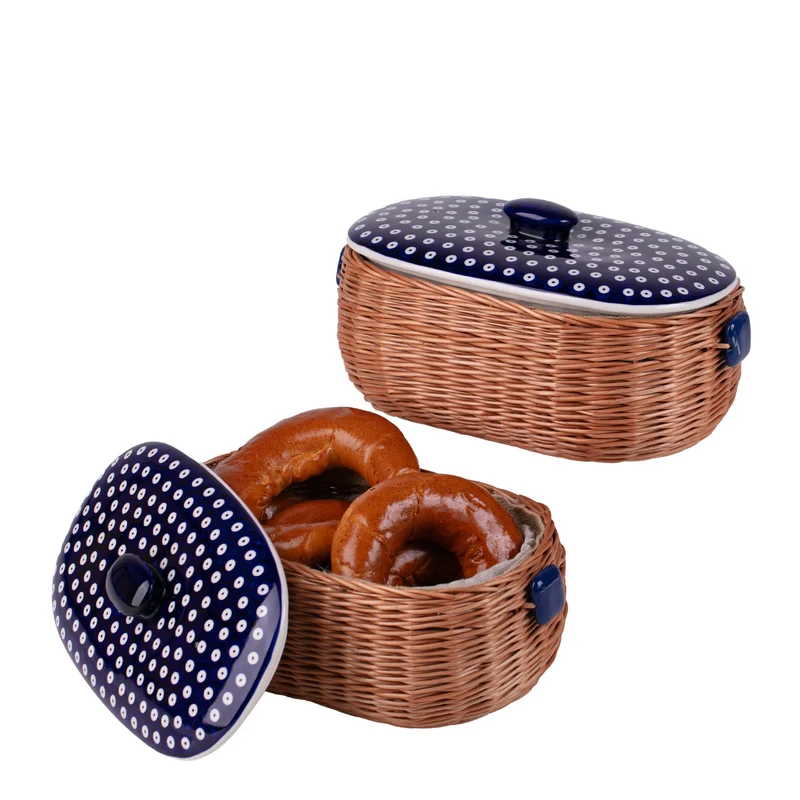 Manufaktura w Bolesławcu wicker bread bin, bread basket, pastry basket with ceramic lid and trim TheWickerStories