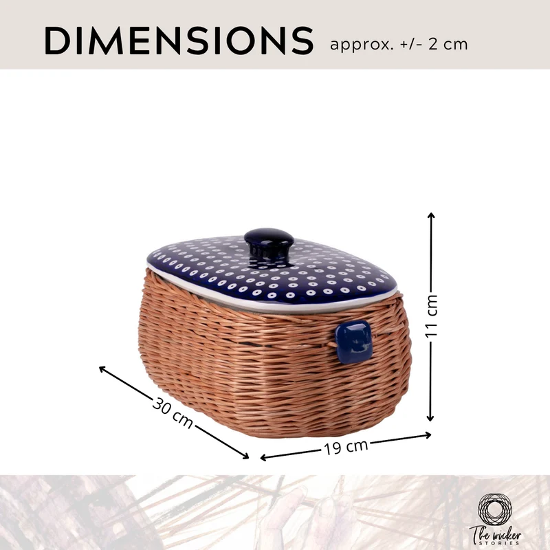 Manufaktura w Bolesławcu wicker bread bin, bread basket, pastry basket with ceramic lid and trim TheWickerStories
