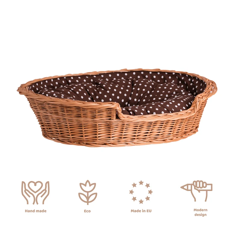 Esmira wicker pet bed for dogs and cats with brown cushion TheWickerStories