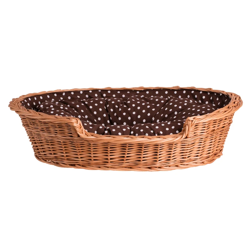Esmira wicker pet bed for dogs and cats with brown cushion TheWickerStories