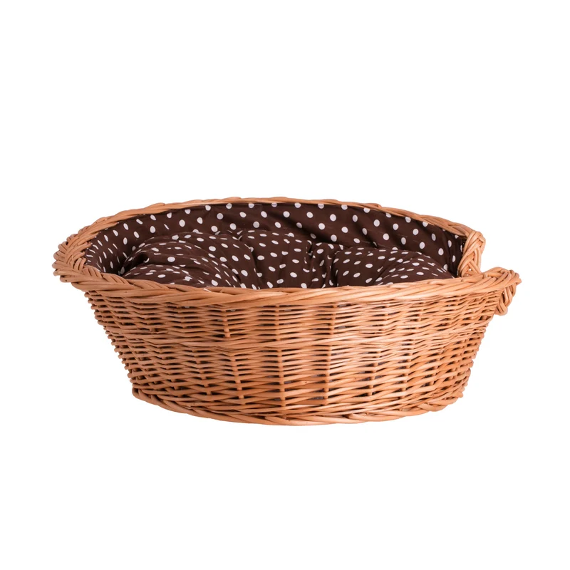 Esmira wicker pet bed for dogs and cats with brown cushion TheWickerStories