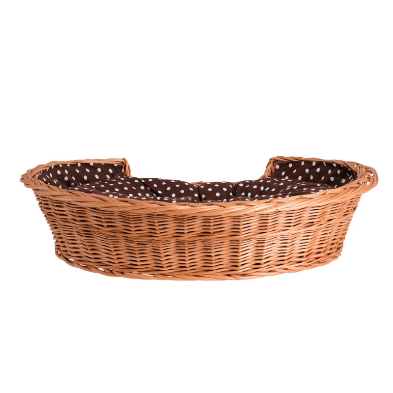 Esmira wicker pet bed for dogs and cats with brown cushion TheWickerStories