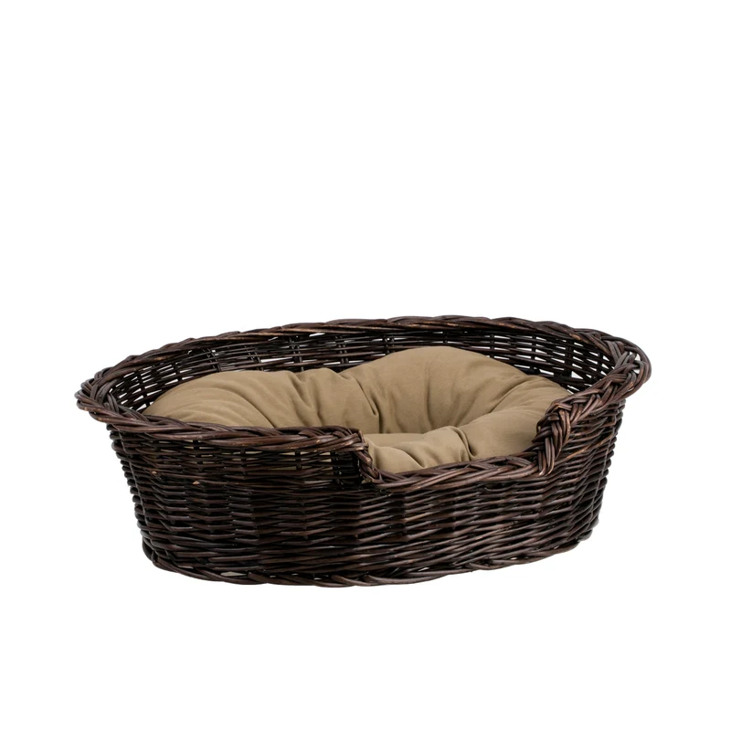 Esmira wicker pet bed for dogs and cats with beige cushion and lowered entrance TheWickerStories
