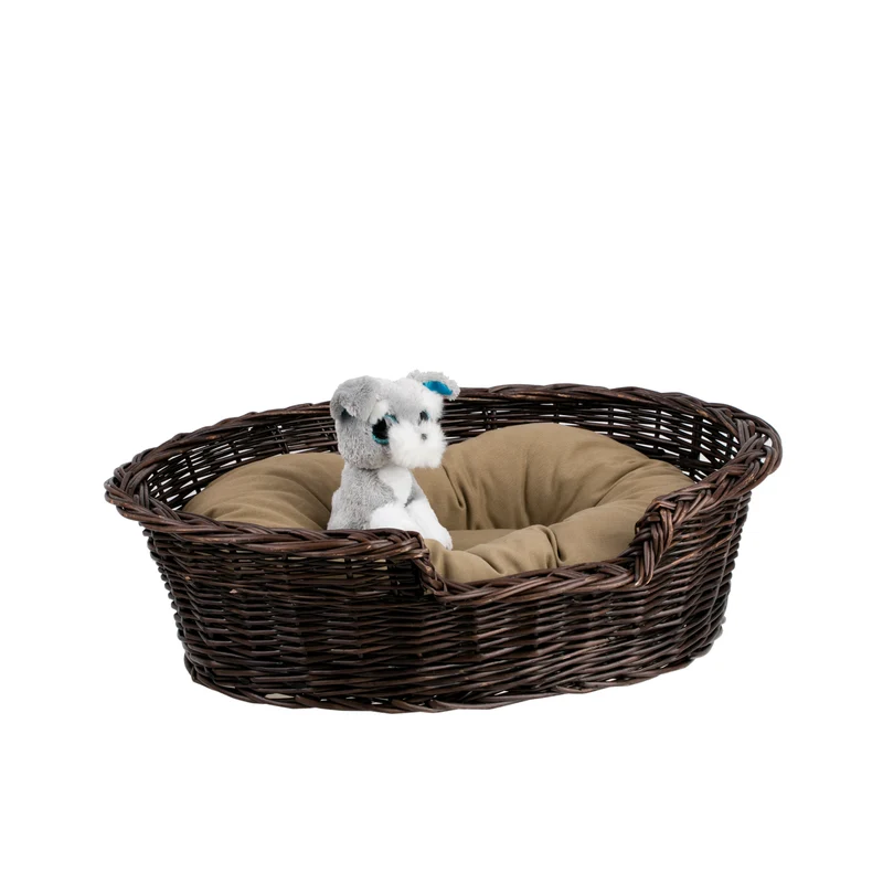Esmira wicker pet bed for dogs and cats with beige cushion and lowered entrance TheWickerStories