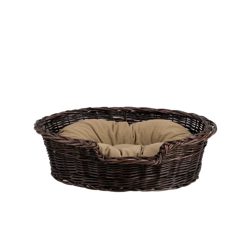 Esmira wicker pet bed for dogs and cats with beige cushion and lowered entrance TheWickerStories