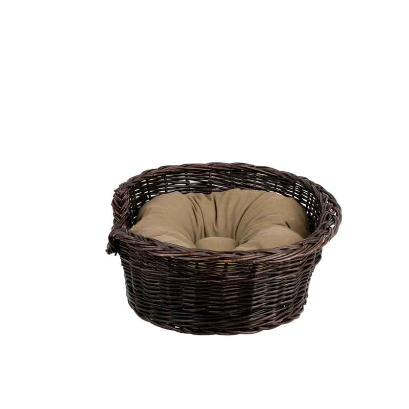 Esmira wicker pet bed for dogs and cats with beige cushion and lowered entrance TheWickerStories