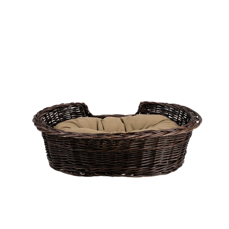 Esmira wicker pet bed for dogs and cats with beige cushion and lowered entrance TheWickerStories