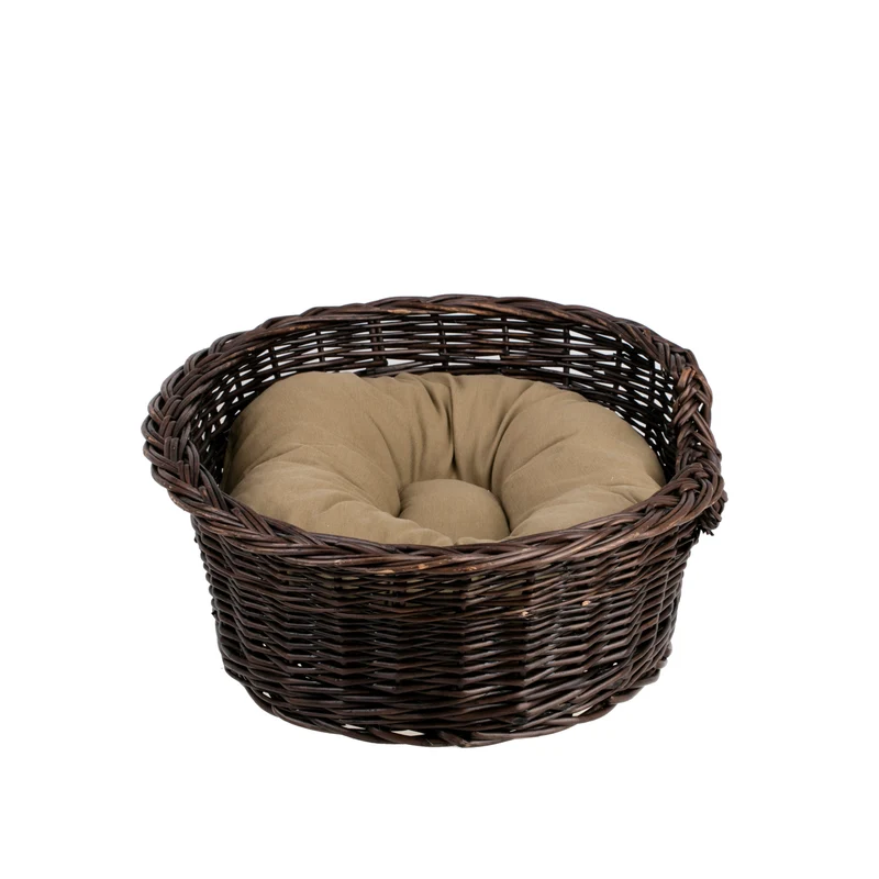 Esmira wicker pet bed for dogs and cats with beige cushion and lowered entrance TheWickerStories