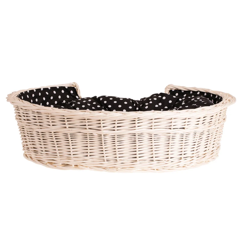 Esmira wicker pet basket for dogs and cats with black trim and cushion TheWickerStories