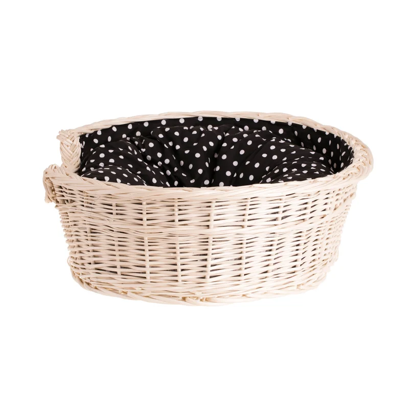 Esmira wicker pet basket for dogs and cats with black trim and cushion TheWickerStories