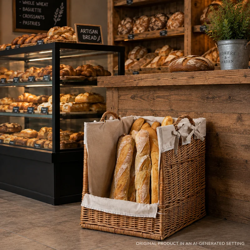 Bretia wicker display basket, baguette stand, bread display with trim TheWickerStories