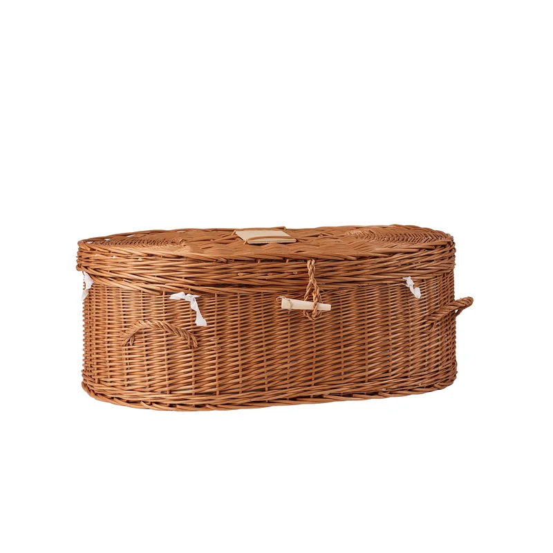 Memoria wicker coffin for animals with white trim and cushion TheWickerStories
