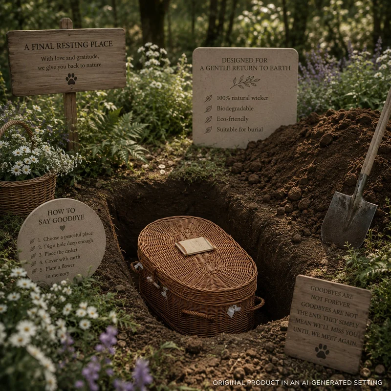 Memoria wicker coffin for animals with white trim and cushion TheWickerStories