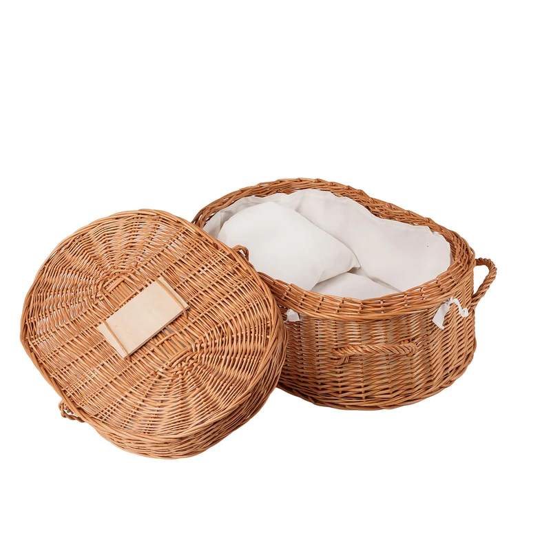 Memoria wicker coffin for animals with white trim and cushion TheWickerStories