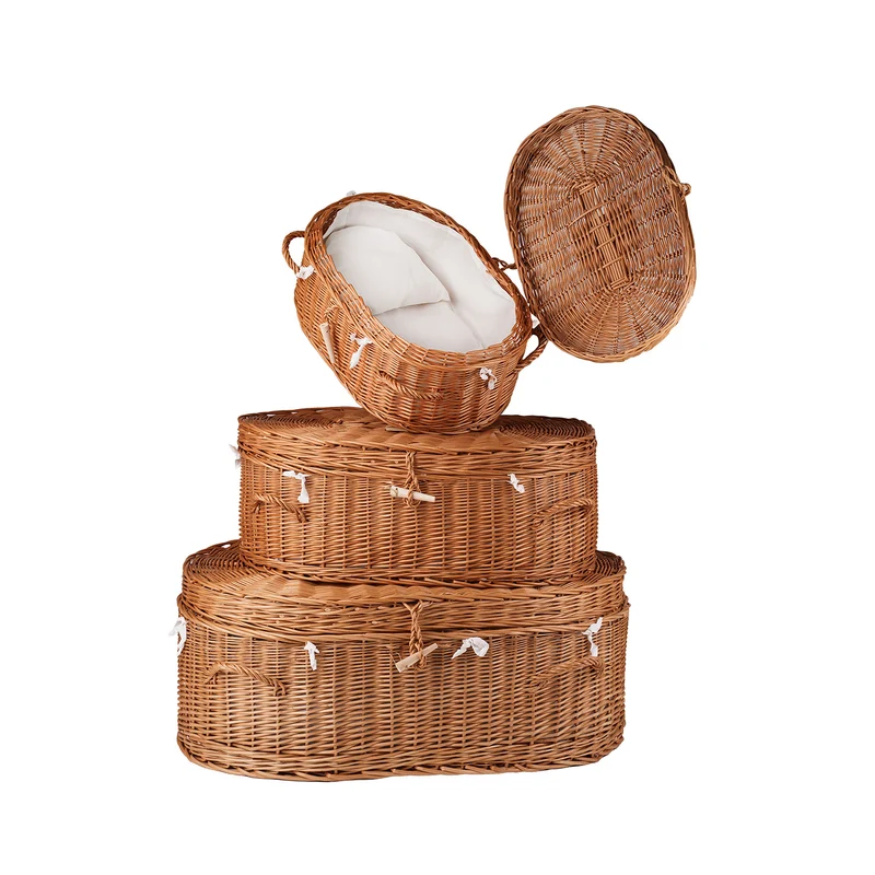 Memoria wicker coffin for animals with white trim and cushion TheWickerStories