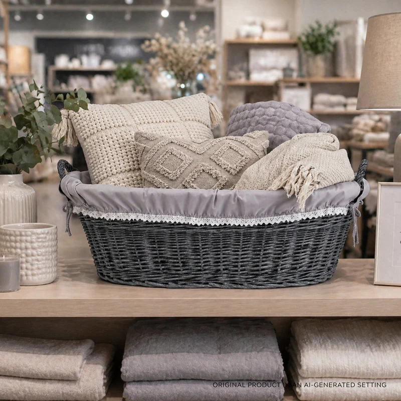 Milvus wicker storage basket with gray trim TheWickerStories