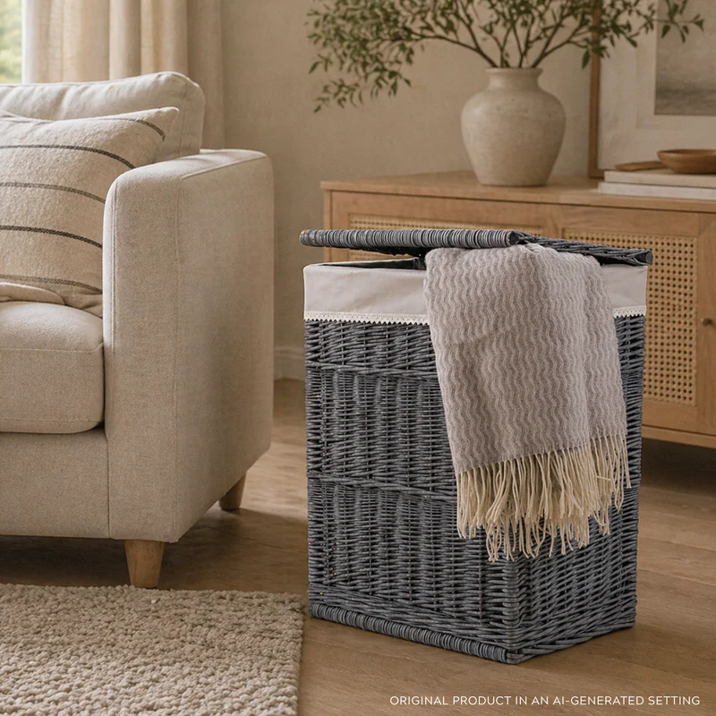 Ardea wicker laundry basket with gray trim and lid TheWickerStories