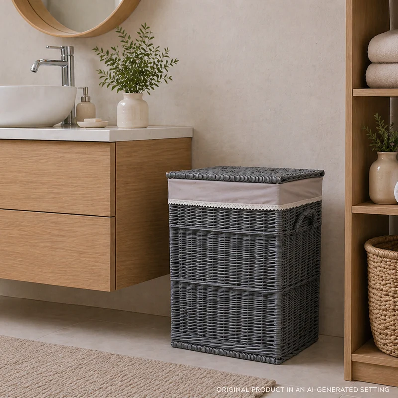 Ardea wicker laundry basket with gray trim and lid TheWickerStories