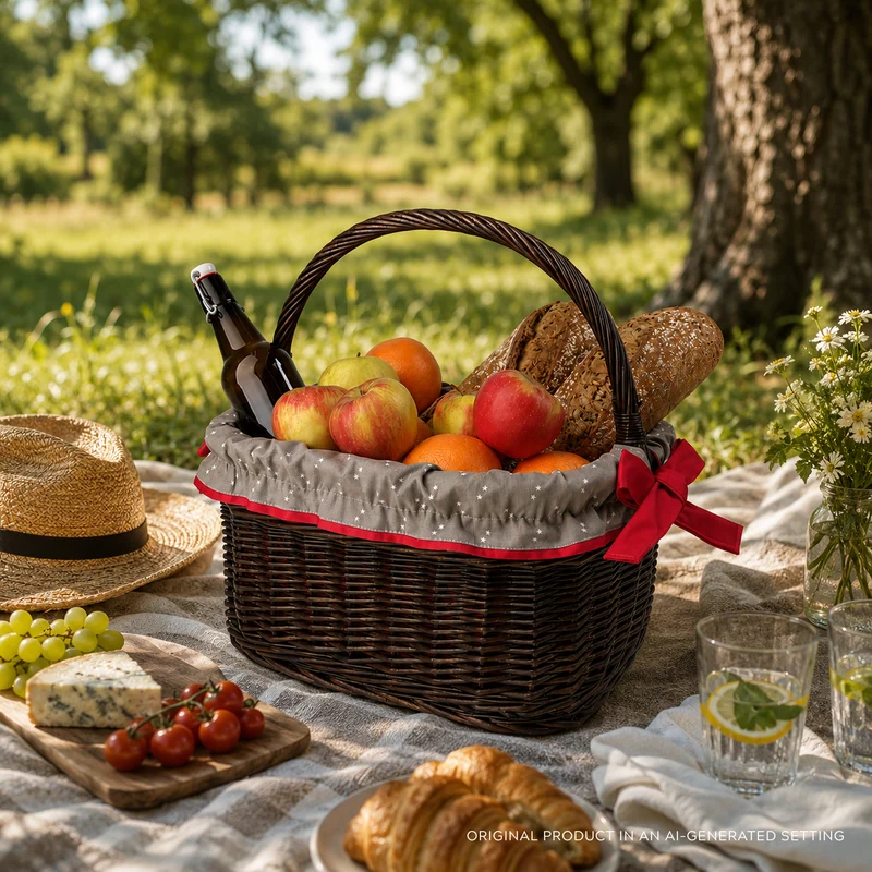 Wernis varnished wicker shopping basket with red trim, with handle TheWickerStories