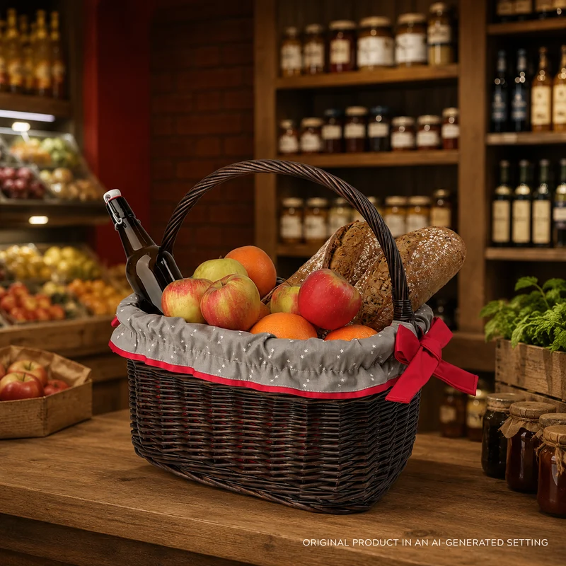 Wernis varnished wicker shopping basket with red trim, with handle TheWickerStories
