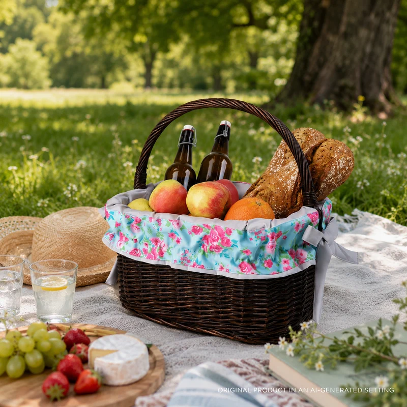 Wernis wicker shopping basket with gray trim and handle TheWickerStories
