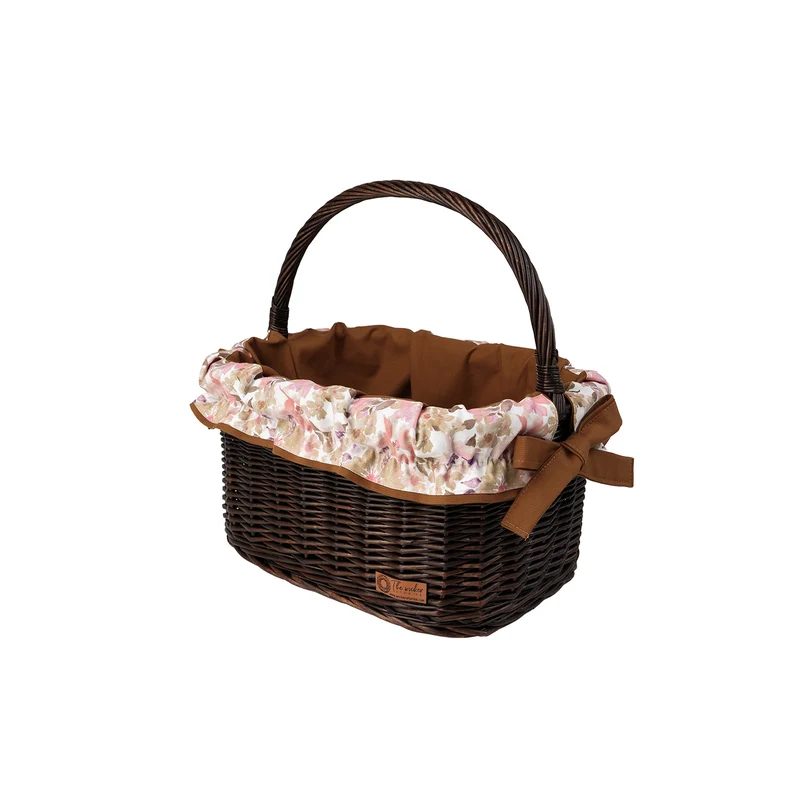 Wernis varnished wicker shopping basket with brown trim and handle by TheWickerStories