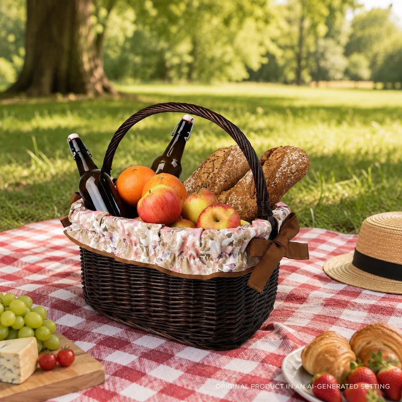 Wernis varnished wicker shopping basket with brown trim and handle by TheWickerStories