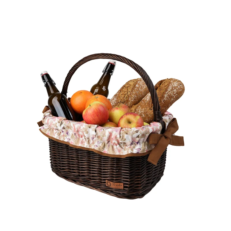 Wernis varnished wicker shopping basket with brown trim and handle by TheWickerStories