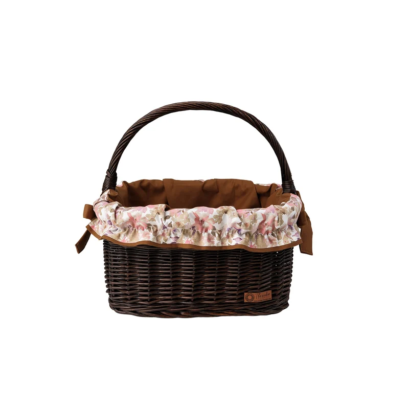 Wernis varnished wicker shopping basket with brown trim and handle by TheWickerStories