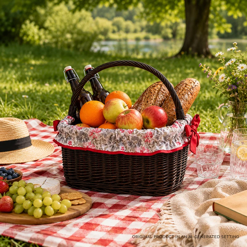Wernis wicker shopping basket with red trim, with handle TheWickerStories