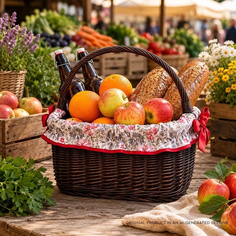 Wernis wicker shopping basket with red trim, with handle TheWickerStories