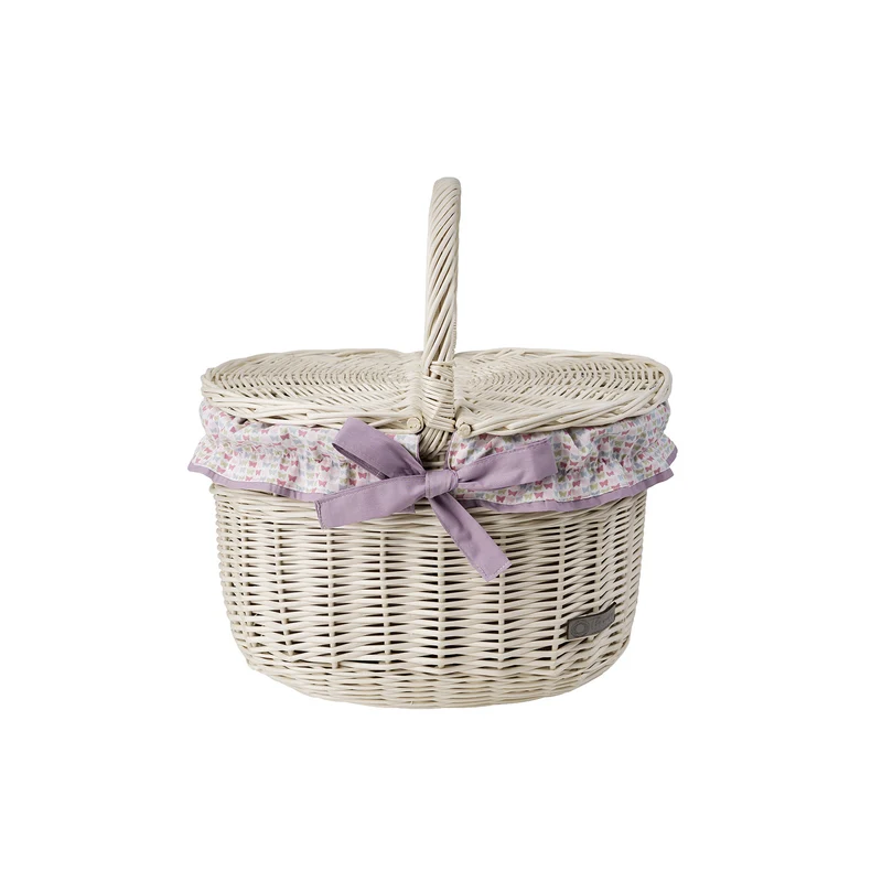 Kastalia wicker picnic basket with purple trim, with lid and handle TheWickerStories