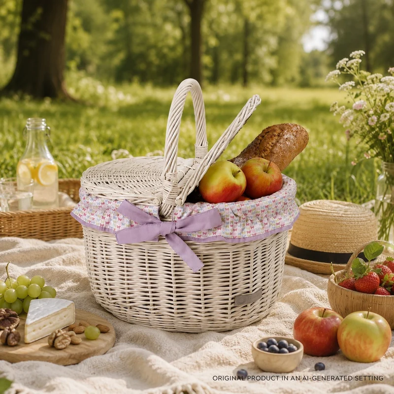 Kastalia wicker picnic basket with purple trim, with lid and handle TheWickerStories