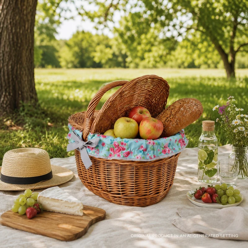 Kastalia wicker picnic basket with blue trim, with lid and handle TheWickerStories