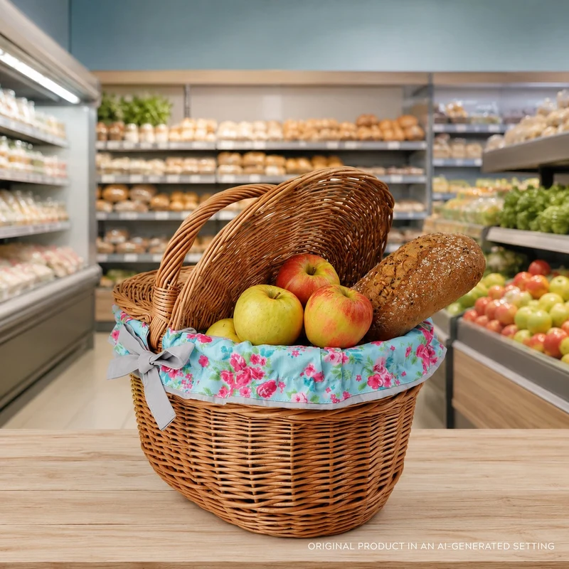 Kastalia wicker picnic basket with blue trim, with lid and handle TheWickerStories