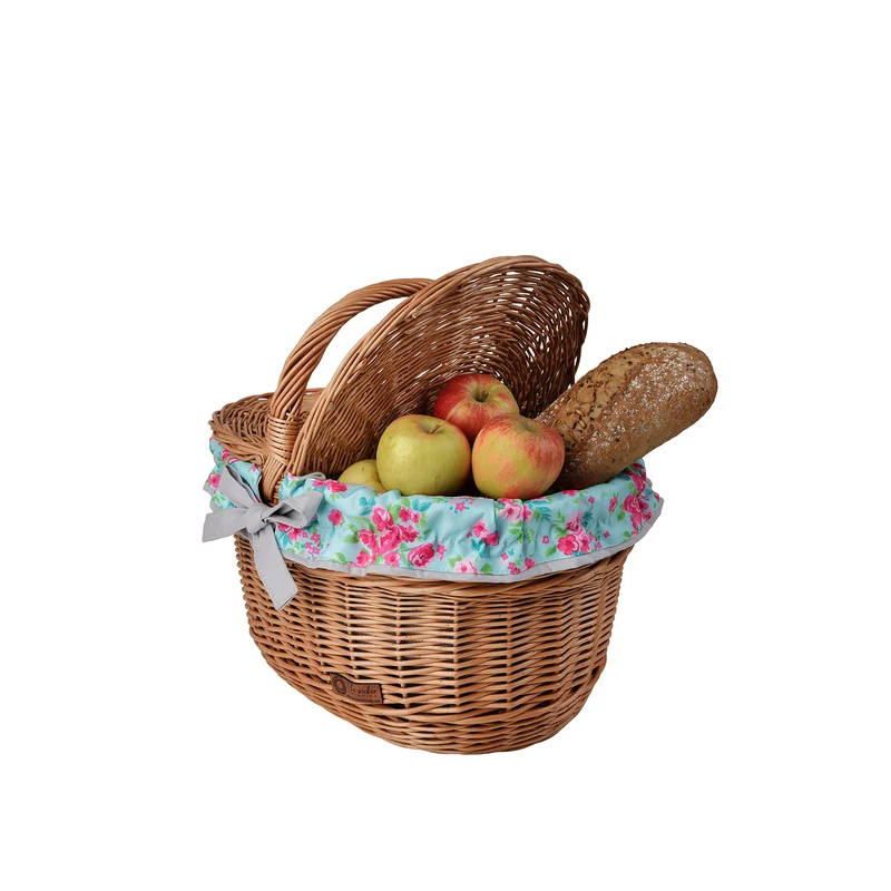 Kastalia wicker picnic basket with blue trim, with lid and handle TheWickerStories