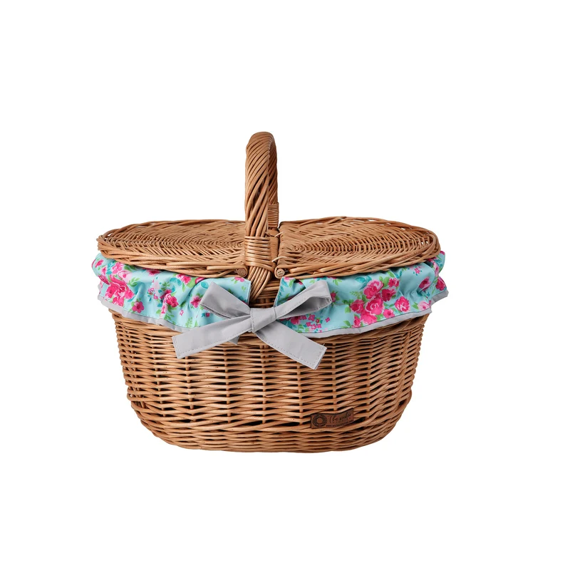 Kastalia wicker picnic basket with blue trim, with lid and handle TheWickerStories